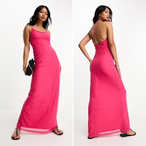 ASOS DESIGN Square Neck Strappy Maxi Dress In Bright Pink 4 - Picture 4 of 11